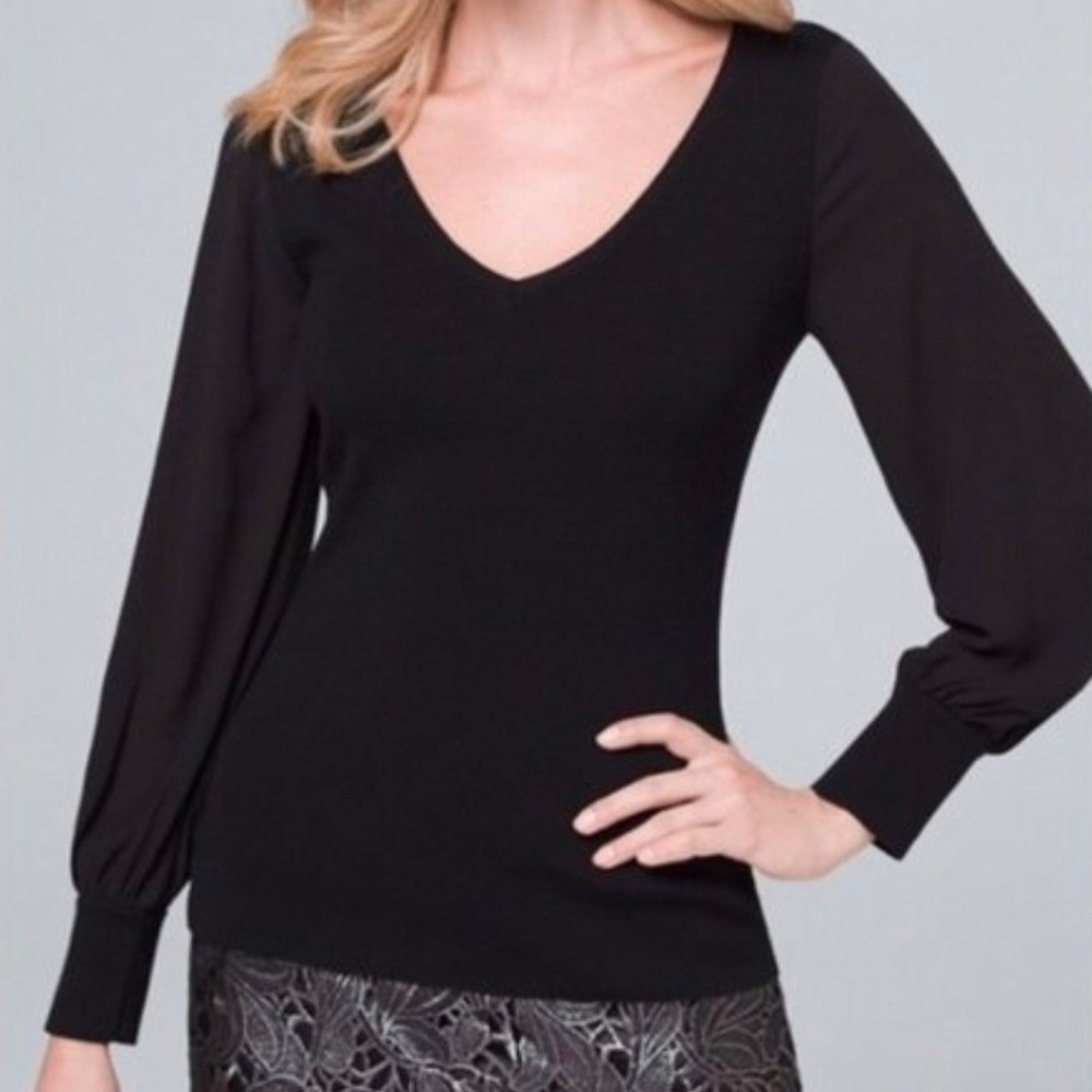 White House Black Market Woven Sleeve V-Neck Top Black Medium 570278820 NWT